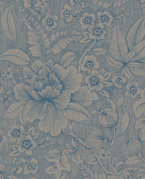 Lace Bloom wallpaper by Eijffinger, line-drawn peony and leaves on a denim-blue textured ground, flat swatch.