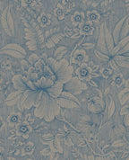 Lace Bloom wallpaper by Eijffinger, line-drawn peony and leaves on a denim-blue textured ground, flat swatch.