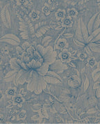 Lace Bloom wallpaper by Eijffinger, line-drawn peony and leaves on a denim-blue textured ground, flat swatch.