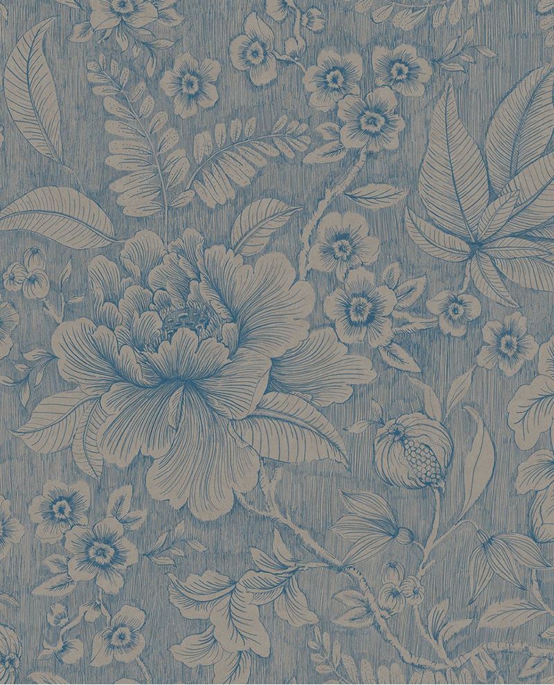 Lace Bloom wallpaper by Eijffinger, line-drawn peony and leaves on a denim-blue textured ground, flat swatch.