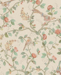 Bird & Blossom wallpaper by Eijffinger, chinoiserie birds and roses climbing vines on a soft cream background, flat swatch