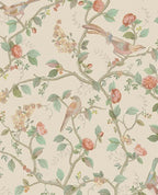 Bird & Blossom wallpaper by Eijffinger, chinoiserie birds and roses climbing vines on a soft cream background, flat swatch