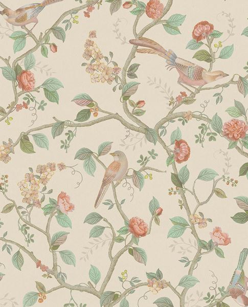 Bird & Blossom wallpaper by Eijffinger, chinoiserie birds and roses climbing vines on a soft cream background, flat swatch