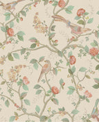 Bird & Blossom wallpaper by Eijffinger, chinoiserie birds and roses climbing vines on a soft cream background, flat swatch