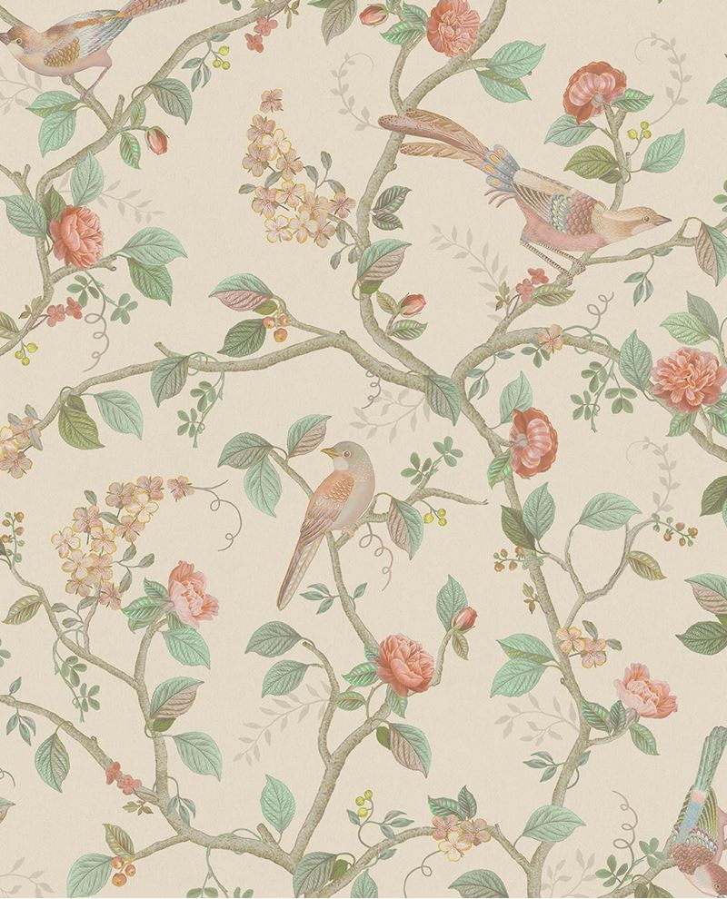 Bird & Blossom wallpaper by Eijffinger, chinoiserie birds and roses climbing vines on a soft cream background, flat swatch