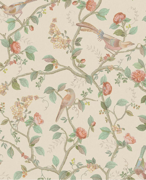 Bird & Blossom wallpaper by Eijffinger, chinoiserie birds and roses climbing vines on a soft cream background, flat swatch
