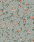 Bird & Blossom wallpaper by Eijffinger in sage green, songbirds perched among roses and blossoming branches, flat swatch
