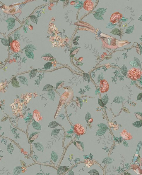 Bird & Blossom wallpaper by Eijffinger in sage green, songbirds perched among roses and blossoming branches, flat swatch