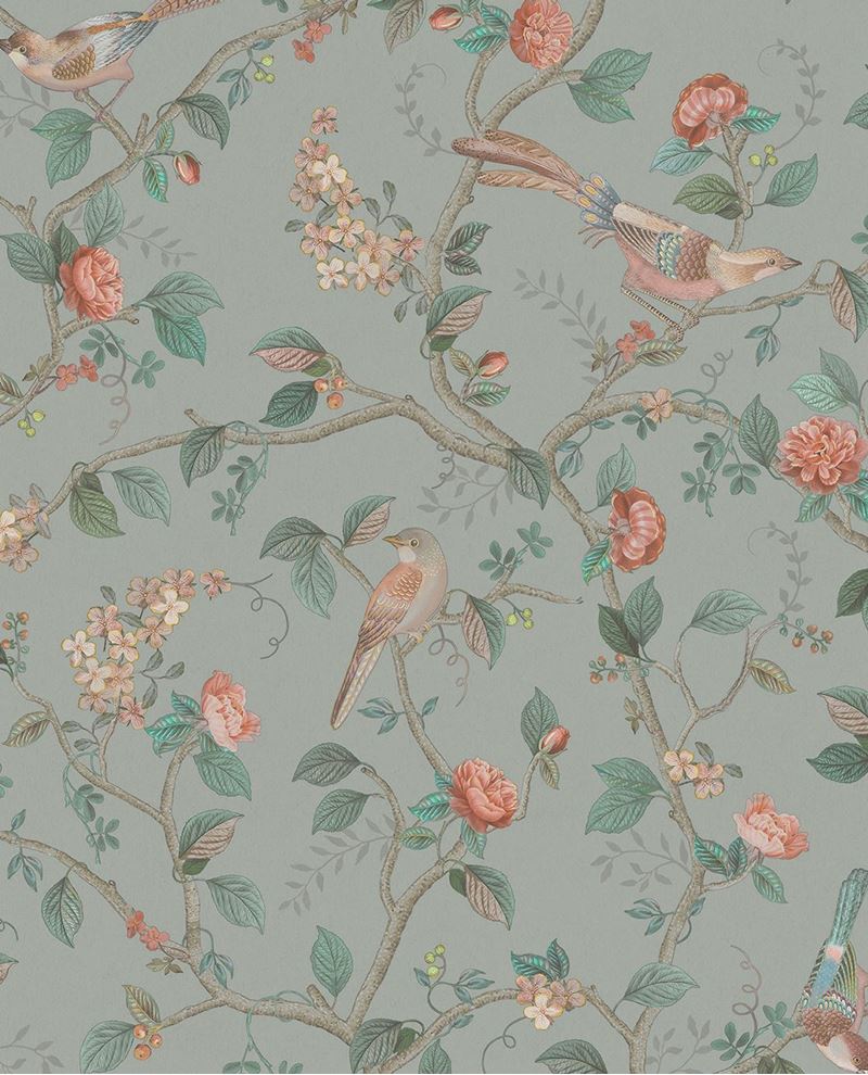 Bird & Blossom wallpaper by Eijffinger in sage green, songbirds perched among roses and blossoming branches, flat swatch
