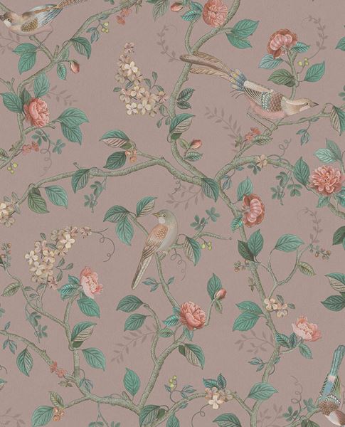 Bird & Blossom wallpaper by Eijffinger in dusky rose pink, birds on trailing rose vines, flat swatch