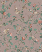 Bird & Blossom wallpaper by Eijffinger in dusky rose pink, birds on trailing rose vines, flat swatch