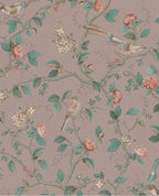 Bird & Blossom wallpaper by Eijffinger in dusky rose pink, birds on trailing rose vines, flat swatch