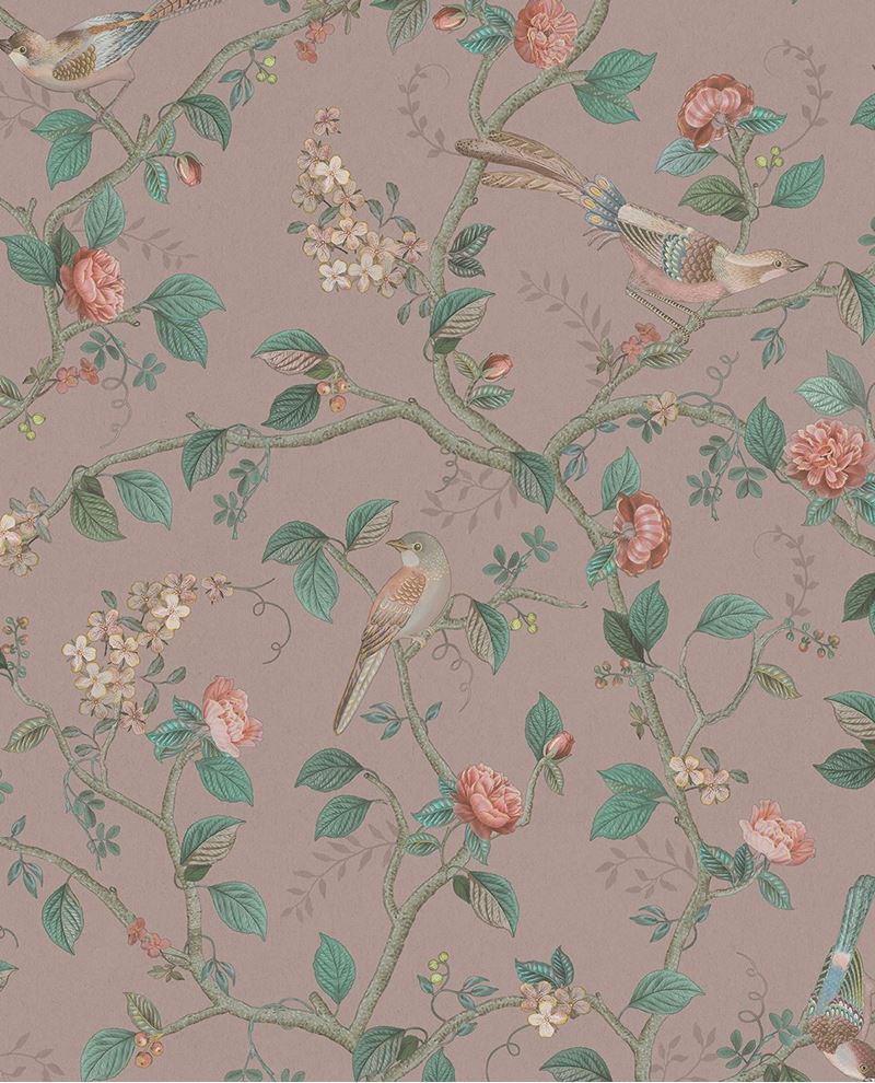 Bird & Blossom wallpaper by Eijffinger in dusky rose pink, birds on trailing rose vines, flat swatch