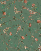 Bird & Blossom wallpaper by Eijffinger in emerald green, chinoiserie birds and coral roses on climbing branches, flat swatch