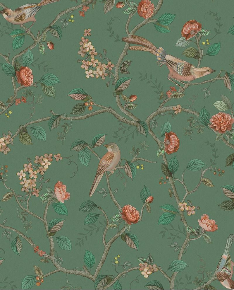 Bird & Blossom wallpaper by Eijffinger in emerald green, chinoiserie birds and coral roses on climbing branches, flat swatch