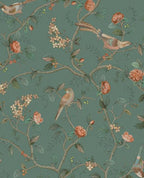 Bird & Blossom wallpaper by Eijffinger in teal green, songbirds among roses and blossom on winding vines, flat swatch