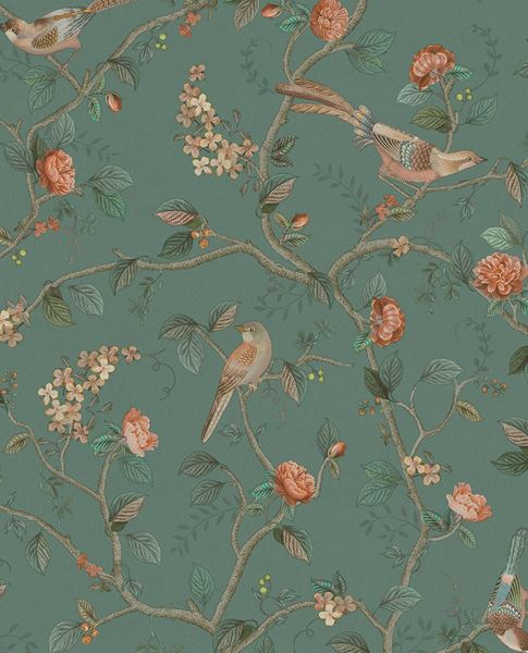 Bird & Blossom wallpaper by Eijffinger in teal green, songbirds among roses and blossom on winding vines, flat swatch