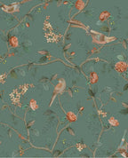 Bird & Blossom wallpaper by Eijffinger in teal green, songbirds among roses and blossom on winding vines, flat swatch