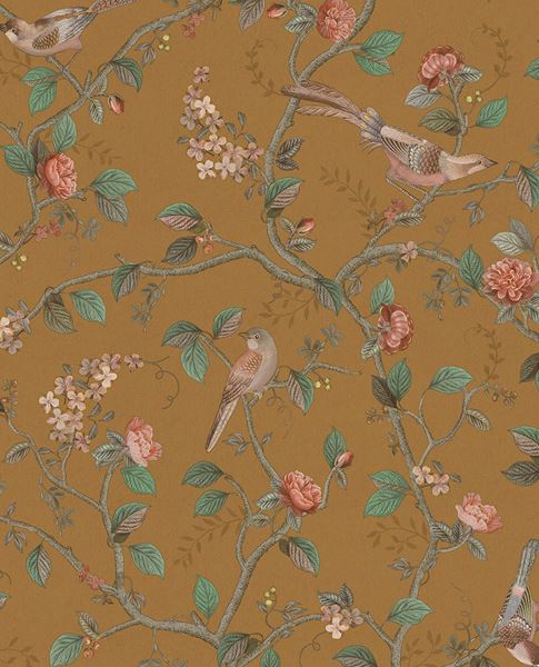 Bird & Blossom wallpaper by Eijffinger in golden ochre, birds perched on rose-laden branches, flat swatch