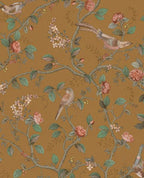 Bird & Blossom wallpaper by Eijffinger in golden ochre, birds perched on rose-laden branches, flat swatch