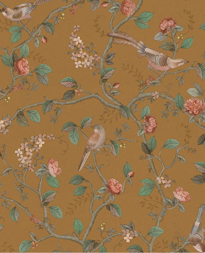 Bird & Blossom wallpaper by Eijffinger in golden ochre, birds perched on rose-laden branches, flat swatch