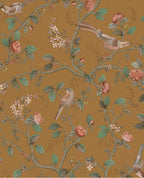 Bird & Blossom wallpaper by Eijffinger in golden ochre, birds perched on rose-laden branches, flat swatch