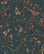 Bird & Blossom wallpaper by Eijffinger in deep navy blue, chinoiserie birds and roses on trailing vines, flat swatch