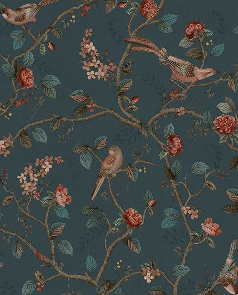Bird & Blossom wallpaper by Eijffinger in deep navy blue, chinoiserie birds and roses on trailing vines, flat swatch