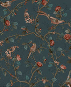 Bird & Blossom wallpaper by Eijffinger in deep navy blue, chinoiserie birds and roses on trailing vines, flat swatch