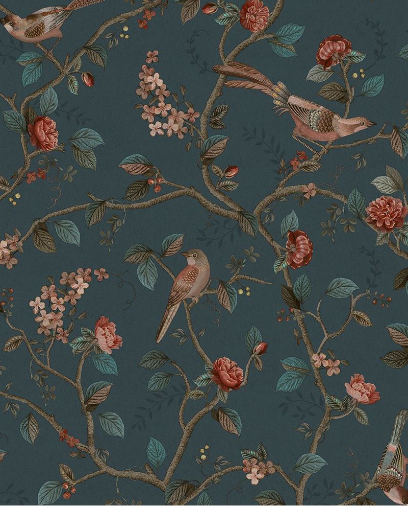 Bird & Blossom wallpaper by Eijffinger in deep navy blue, chinoiserie birds and roses on trailing vines, flat swatch