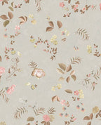 Cottage Trail wallpaper by Eijffinger in soft grey, scattered wildflowers and ferny leaves on a subtle damask ground, flat swatch