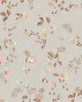 Cottage Trail wallpaper by Eijffinger in soft grey, scattered wildflowers and ferny leaves on a subtle damask ground, flat swatch