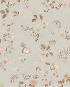 Cottage Trail wallpaper by Eijffinger in soft grey, scattered wildflowers and ferny leaves on a subtle damask ground, flat swatch