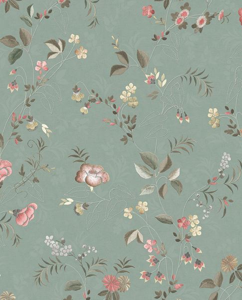 Cottage Trail wallpaper by Eijffinger in sage green, trailing wildflowers and delicate foliage over a tonal damask, flat swatch