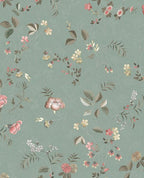 Cottage Trail wallpaper by Eijffinger in sage green, trailing wildflowers and delicate foliage over a tonal damask, flat swatch