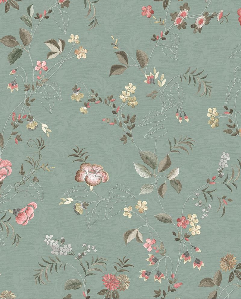 Cottage Trail wallpaper by Eijffinger in sage green, trailing wildflowers and delicate foliage over a tonal damask, flat swatch