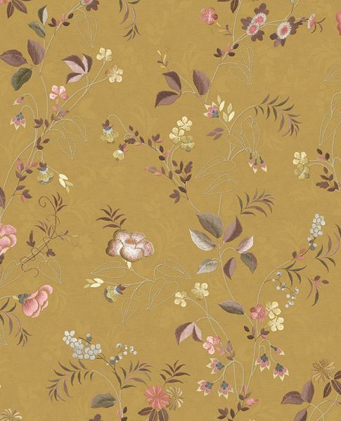 Cottage Trail wallpaper by Eijffinger in golden mustard, scattered cottage-garden florals and leaves, flat swatch