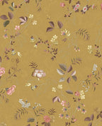 Cottage Trail wallpaper by Eijffinger in golden mustard, scattered cottage-garden florals and leaves, flat swatch