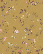 Cottage Trail wallpaper by Eijffinger in golden mustard, scattered cottage-garden florals and leaves, flat swatch