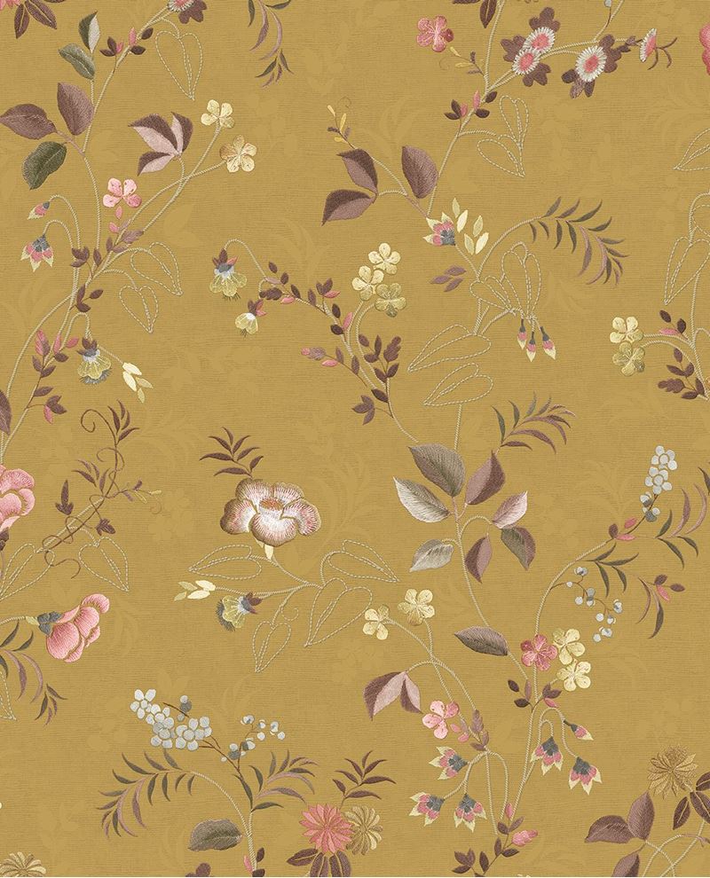 Cottage Trail wallpaper by Eijffinger in golden mustard, scattered cottage-garden florals and leaves, flat swatch
