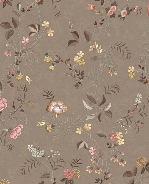 Cottage Trail wallpaper by Eijffinger in warm taupe, wildflower sprigs and ferny foliage on a damask ground, flat swatch