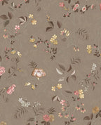 Cottage Trail wallpaper by Eijffinger in warm taupe, wildflower sprigs and ferny foliage on a damask ground, flat swatch