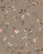Cottage Trail wallpaper by Eijffinger in warm taupe, wildflower sprigs and ferny foliage on a damask ground, flat swatch