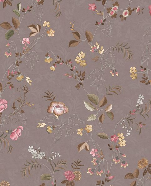 Cottage Trail wallpaper by Eijffinger in mauve, scattered wildflowers and trailing leaves over a subtle damask, flat swatch