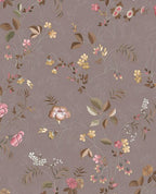 Cottage Trail wallpaper by Eijffinger in mauve, scattered wildflowers and trailing leaves over a subtle damask, flat swatch