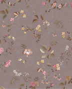 Cottage Trail wallpaper by Eijffinger in mauve, scattered wildflowers and trailing leaves over a subtle damask, flat swatch