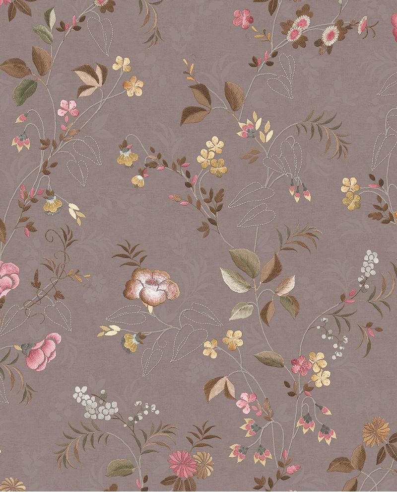 Cottage Trail wallpaper by Eijffinger in mauve, scattered wildflowers and trailing leaves over a subtle damask, flat swatch