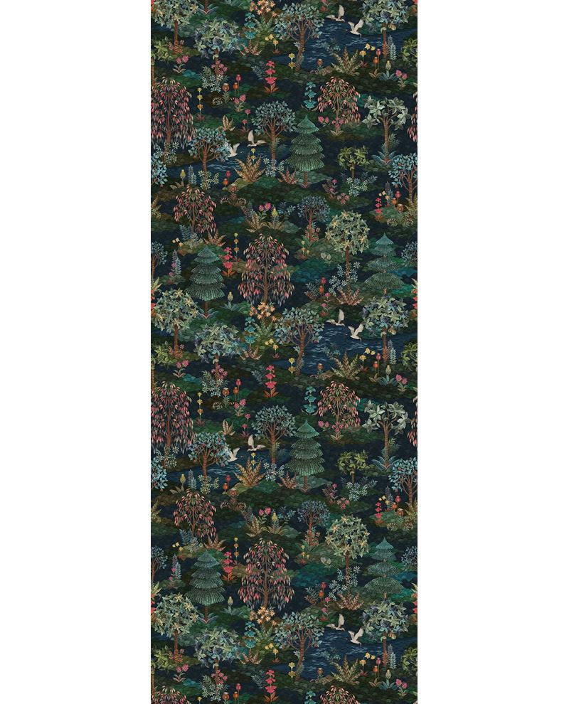 Twilight Woodland Mural wall mural by Eijffinger, dense forest of trees, ferns and white birds on a deep midnight-blue ground, full panel view.