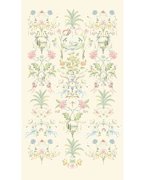 Bird & Blossom Grand Mural wall mural by Eijffinger, symmetrical chinoiserie of birds, palms and pastel flowers on a soft cream ground, full panel.