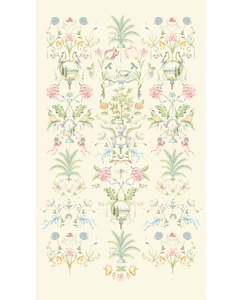 Bird & Blossom Grand Mural wall mural by Eijffinger, symmetrical chinoiserie of birds, palms and pastel flowers on a soft cream ground, full panel.